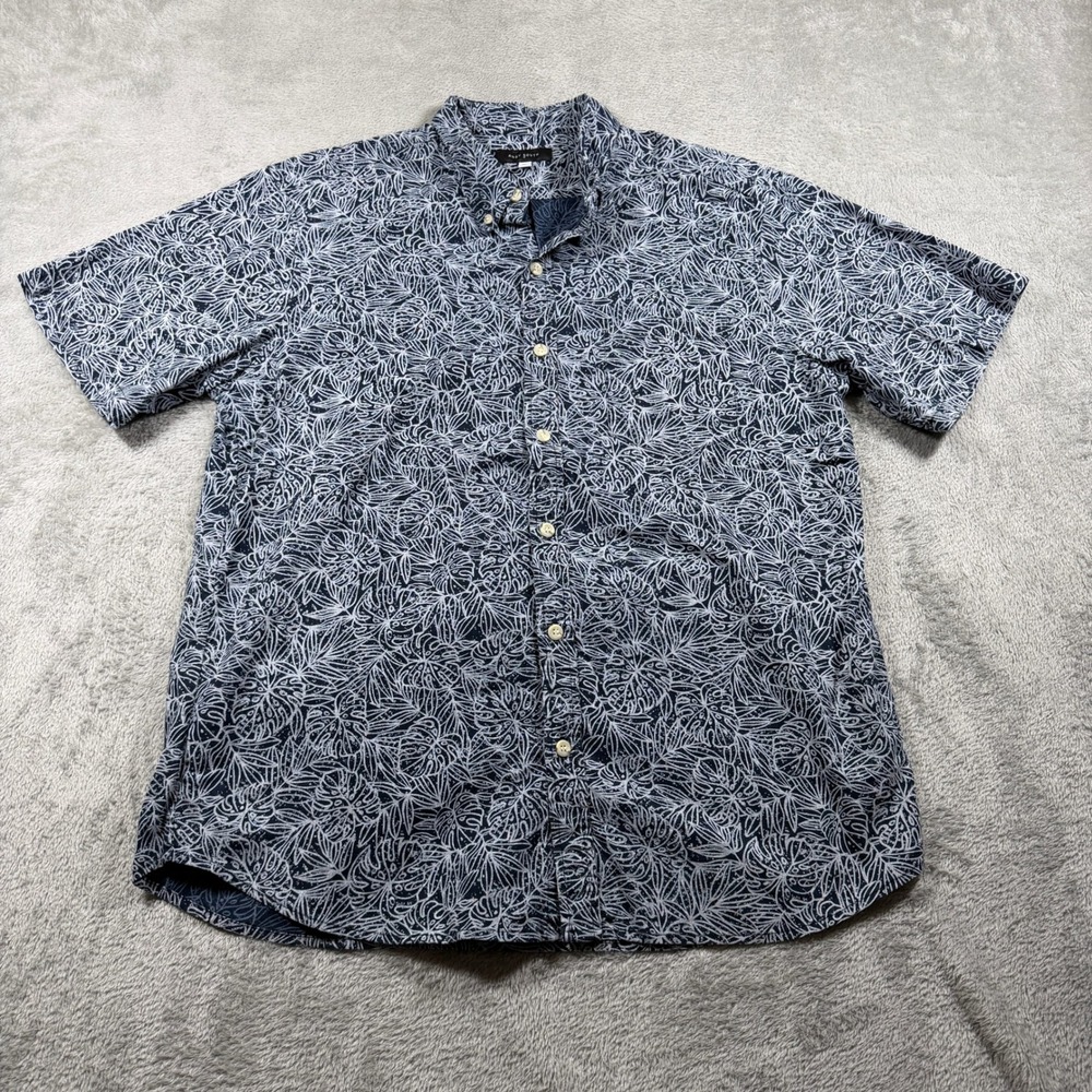 Andy‎ South Button Down Shirt Mens XL Blue Tropical Monstera Short Sleeve Cotton